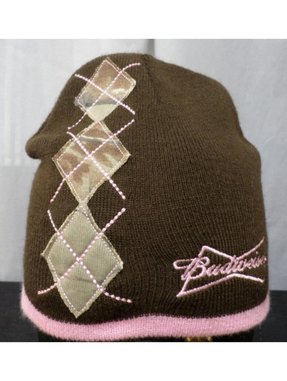 DESIGNER PARAMOUNT BUDWEISER 100% ACRYLIC WARM BROWN & PINK BEANIE HAT ONE SIZE